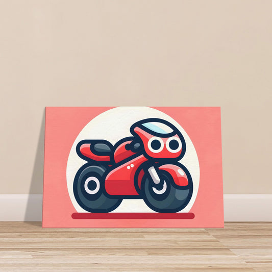 Cartoon-style red racing motorbike with large eyes on a light red to white gradient background.