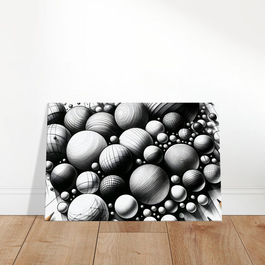 Black and white abstract artwork with shaded spherical forms that appear to float, creating a 3D optical illusion on a flat canvas.