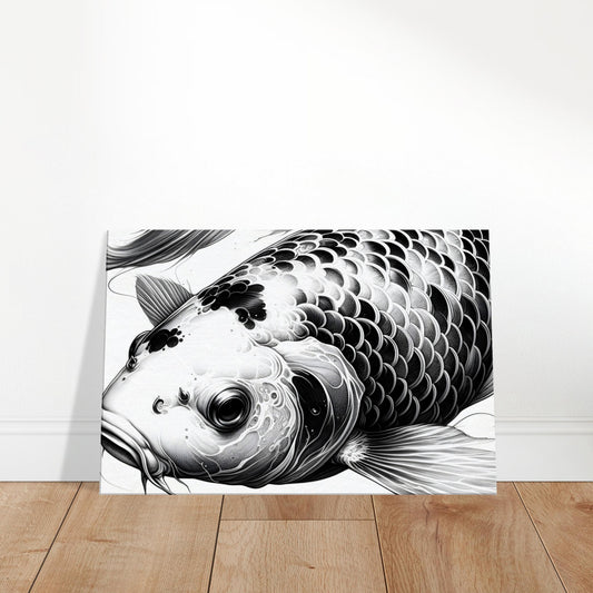 Pencil sketch of a koi fish with intricate patterns swimming gracefully amidst shaded aquatic plants.