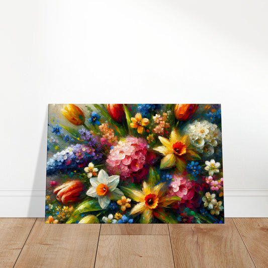 Colorful painting of a spring bouquet with tulips, daffodils, and hyacinths in vibrant, expressive brushstrokes.