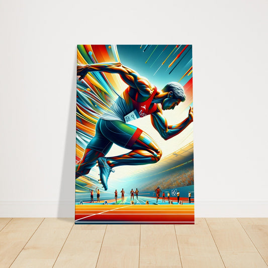 Canvas art of a sprinter mid-stride with vivid color trails, illustrating speed, explosive power, and competitive motion.