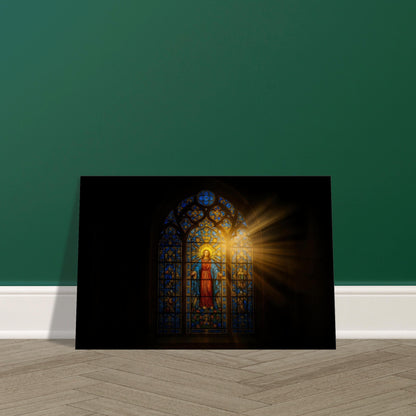 Cathedral stained-glass window in blue, red and gold with sunbeams casting radiant colour, 3:2 landscape on premium canvas print.