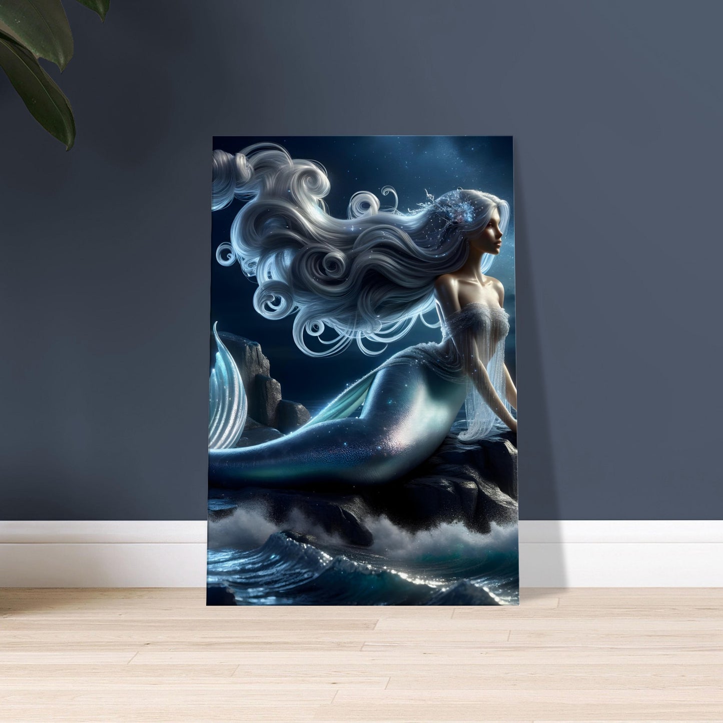 Artwork of a pearlescent-skinned Siren with silver-blue hair and a fish tail sitting on rocks under a starry night sky by the sea.