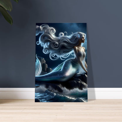 Artwork of a pearlescent-skinned Siren with silver-blue hair and a fish tail sitting on rocks under a starry night sky by the sea.