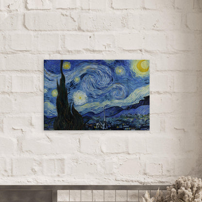 Canvas art reproduction of Van Gogh’s Starry Night, depicting a swirling, energetic night sky over a quiet village with bold brushstrokes and vivid blue and yellow contrasts.