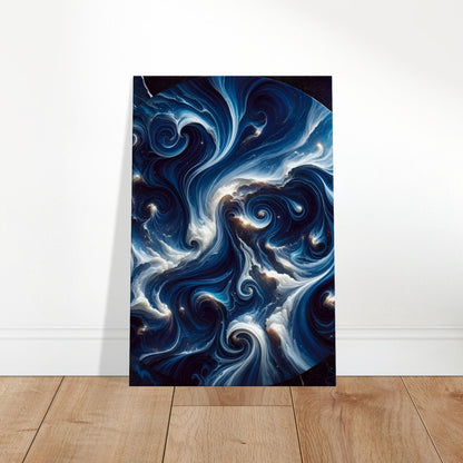 Sapphire blue marble wall art with white and gold veins and a polished finish, evoking the look of a star-filled night sky.