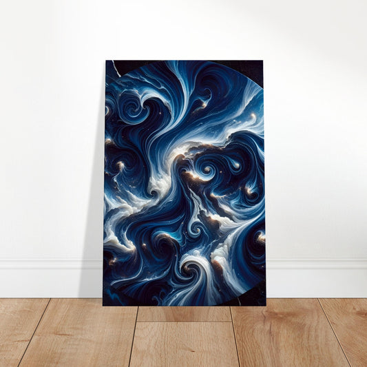 Sapphire blue marble wall art with white and gold veins and a polished finish, evoking the look of a star-filled night sky.