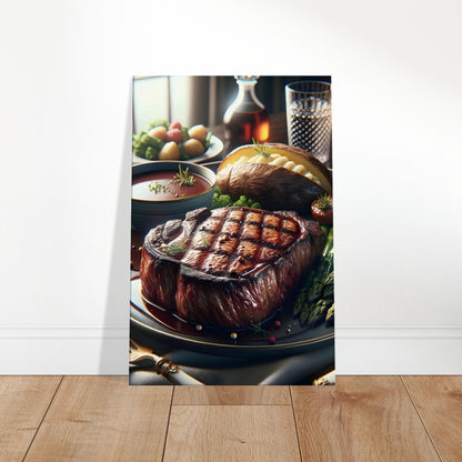 Canvas art depicting a grilled steak wrapped in bacon, asparagus, roasted cherry tomatoes, and a loaded baked potato with butter.