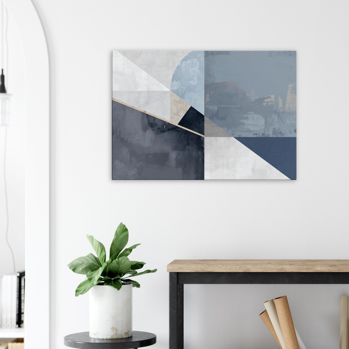 Landscape canvas with horizontal abstract layers of steel, slate, and muted white forming cityscape-inspired textures.