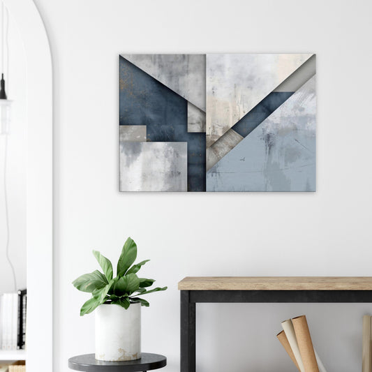 Landscape canvas with horizontal abstract layers of steel grey, soft blue, and off-white forming architectural-inspired textures.