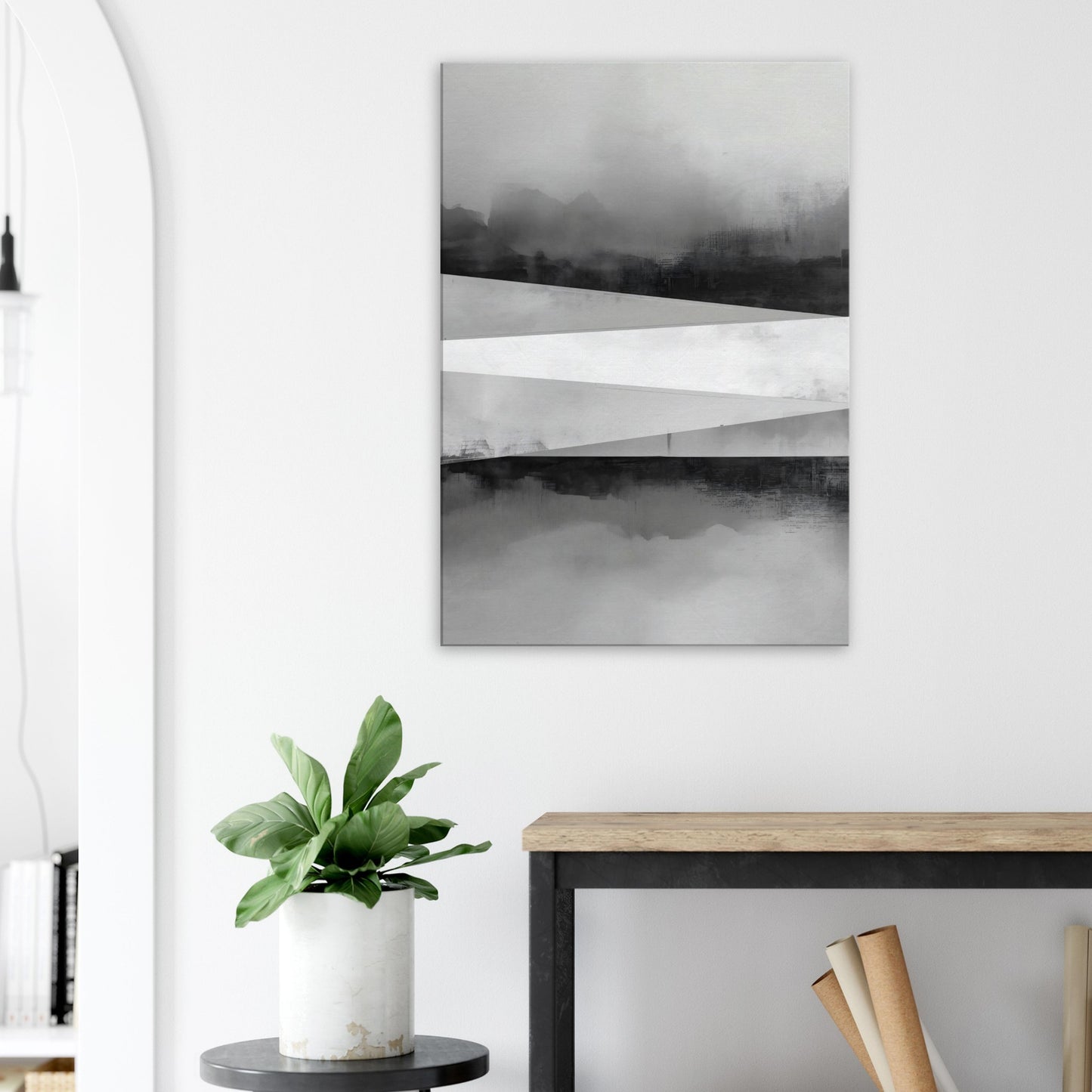 Portrait canvas with horizontal abstract layers of steel, graphite, and muted white forming cityscape-inspired textures.