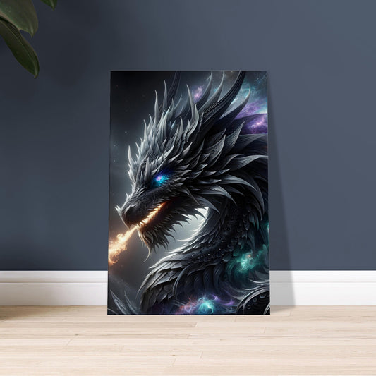 Mythical artwork of a metallic-scaled dragon breathing cosmic flames with glowing eyes, set against a starry nebula-filled sky.
