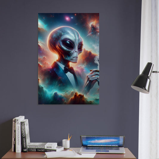 Metal poster of an elegant alien smoking a cigar with vivid nebulas and galaxies in the cosmic background.