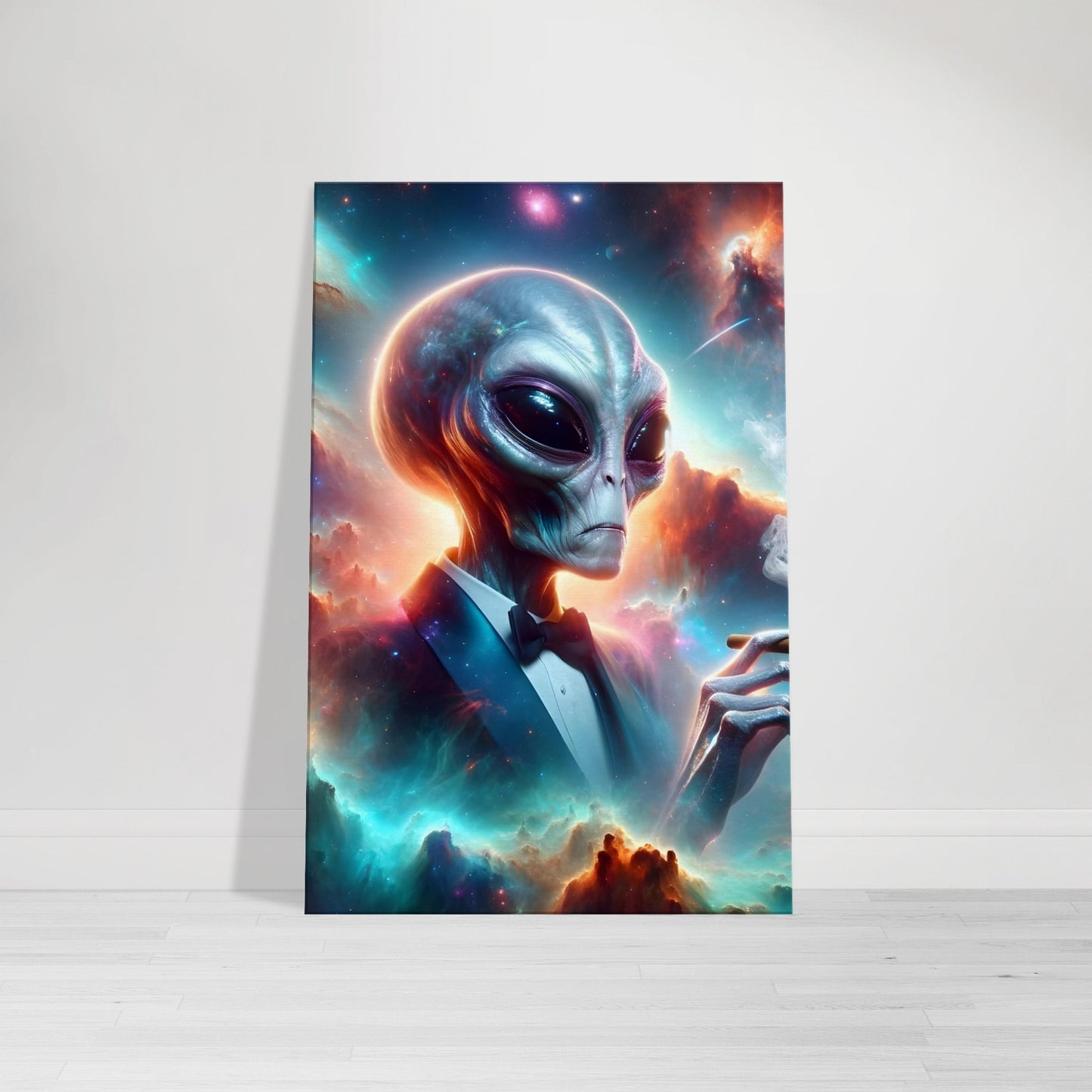 Canvas wall art featuring a majestic alien smoking a cigar with a vivid cosmic background of galaxies and nebulas.