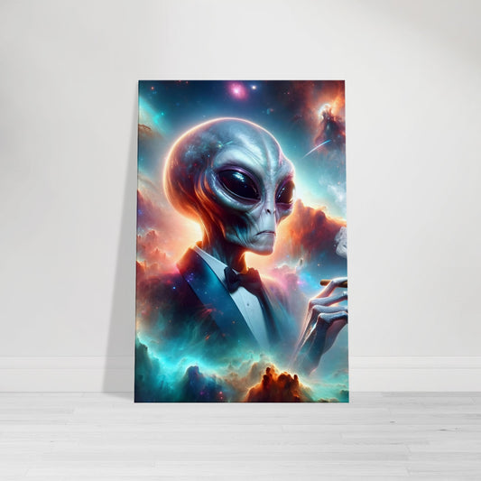Canvas wall art featuring a majestic alien smoking a cigar with a vivid cosmic background of galaxies and nebulas.