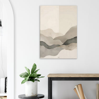 Portrait canvas with vertical soft stone, muted bamboo, cream, and pale taupe layers evoking Japandi balance.