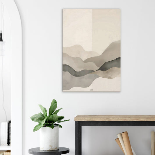 Portrait canvas with vertical soft stone, muted bamboo, cream, and pale taupe layers evoking Japandi balance.