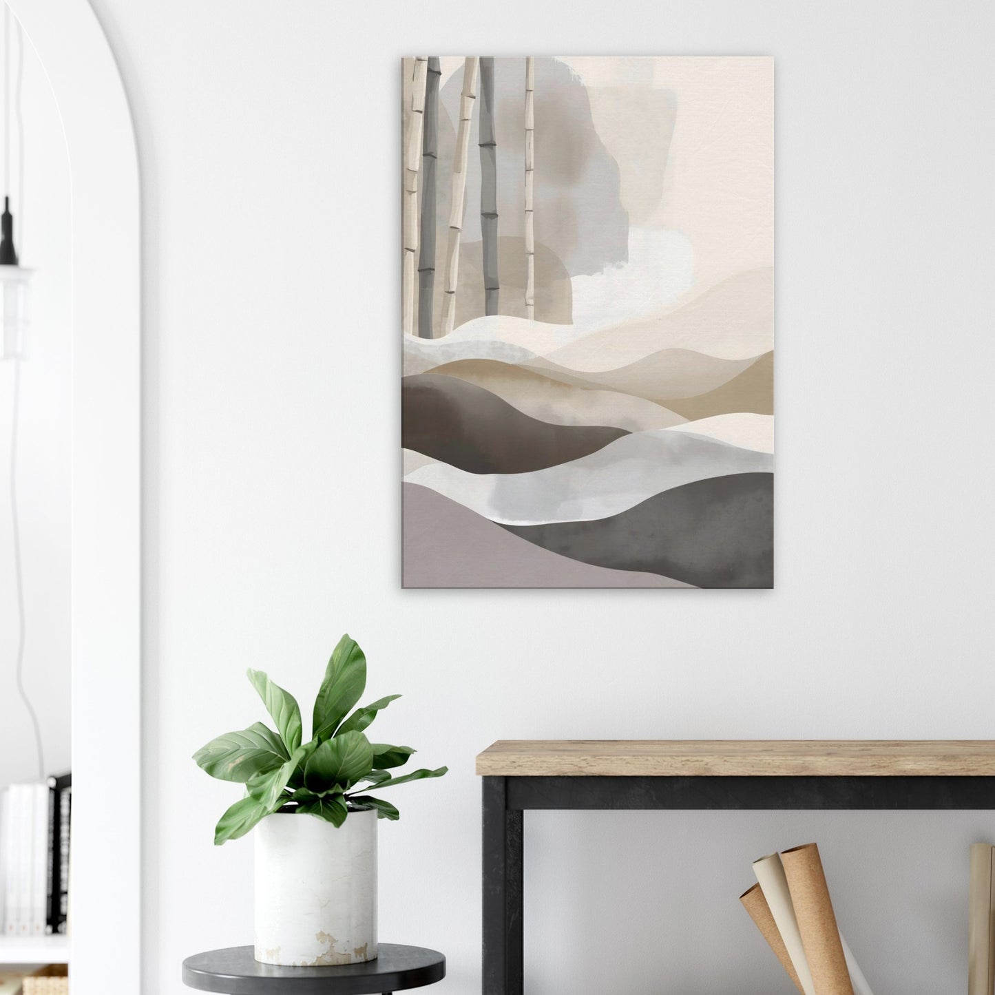 Portrait canvas with vertical stone, muted bamboo, cream, and pale taupe layers evoking Japandi harmony.
