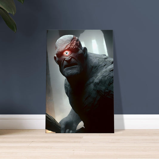 Artwork of a massive Cyclops with dark stone-like skin, a glowing red eye, and a club, standing in misty ancient ruins.