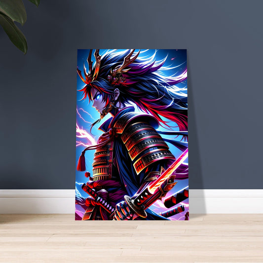 Dynamic artwork of a samurai with windblown hair wielding a lightning-charged blade under a stormy, lightning-filled sky.