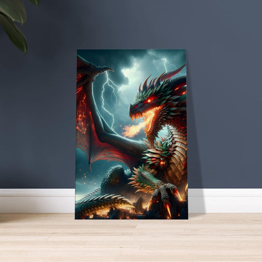 Artwork of a glowing-scaled dragon with red eyes and flames, perched on a mountain during a lightning-filled storm.