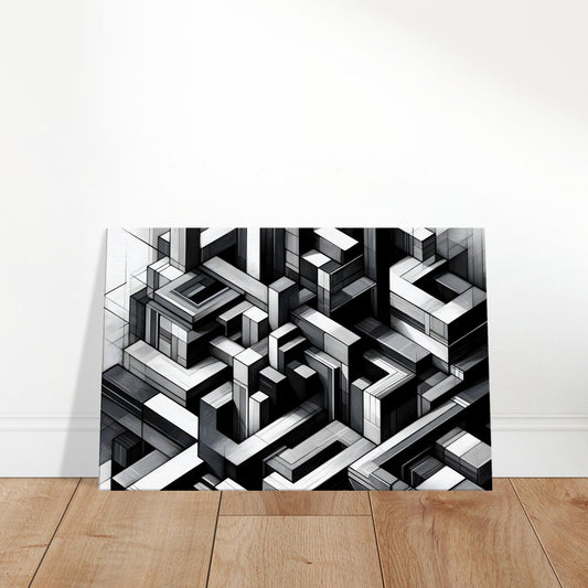 Monochrome abstract artwork with layered geometric shapes forming a futuristic, architectural pattern with depth and shadow.