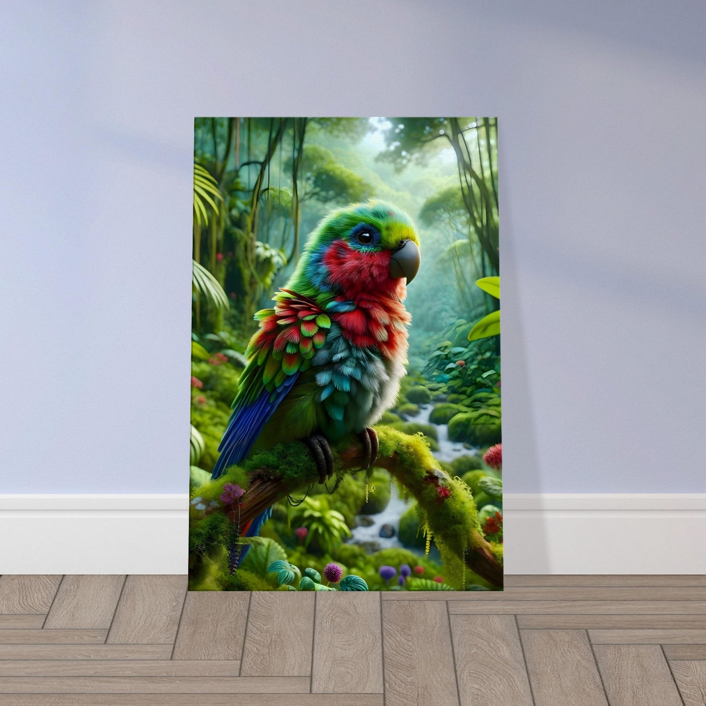 Canvas print of a hyper-realistic colorful parrot perched amidst vibrant green rainforest leaves.