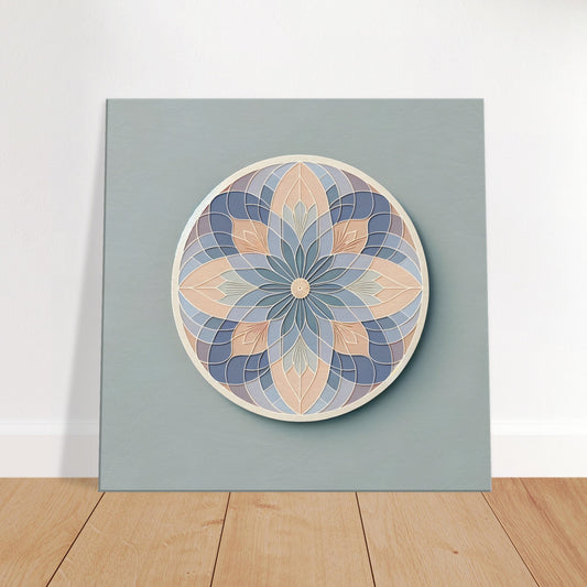 Mandala artwork in soft periwinkle, peach, and sage tones on a muted background, highlighting minimalist elegance and calm.