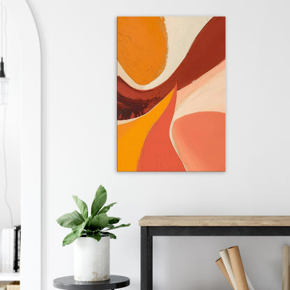 Warm abstract artwork with flowing curved shapes in ochre, orange, peach, and white.
