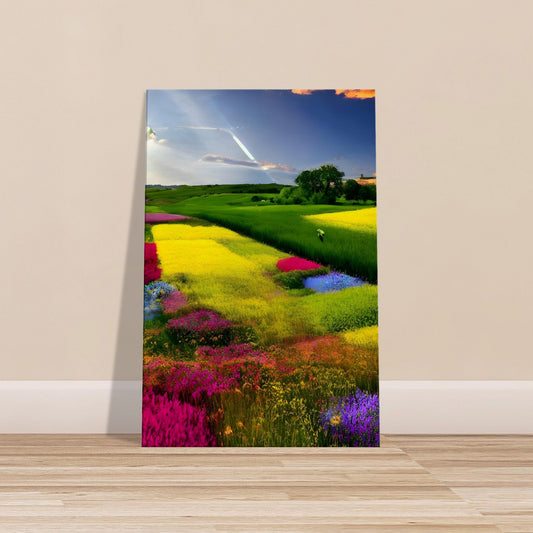 Colorful country fields with vibrant flowers under sunlight, partly cloudy sky, and a comet or meteor streaking overhead.