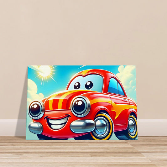 Cartoon-style red car with yellow stripes, round headlights, and a smiling grille against a blue sky with white clouds.