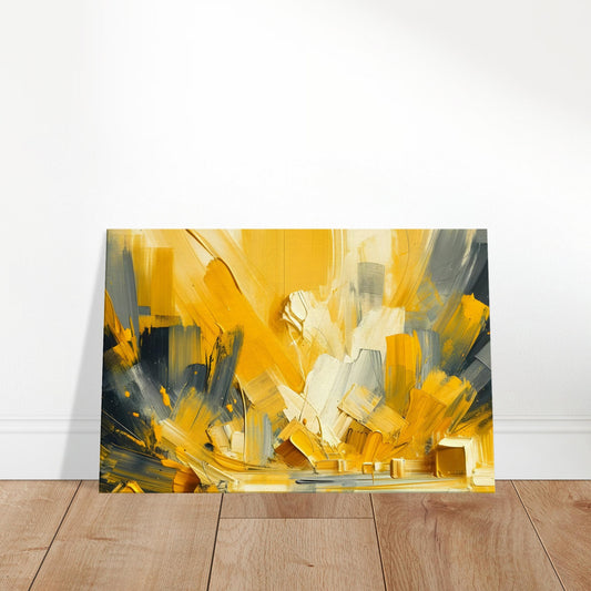 Abstract canvas featuring bold yellow and gold brushstrokes with rich texture, evoking sunlight and vibrant motion.