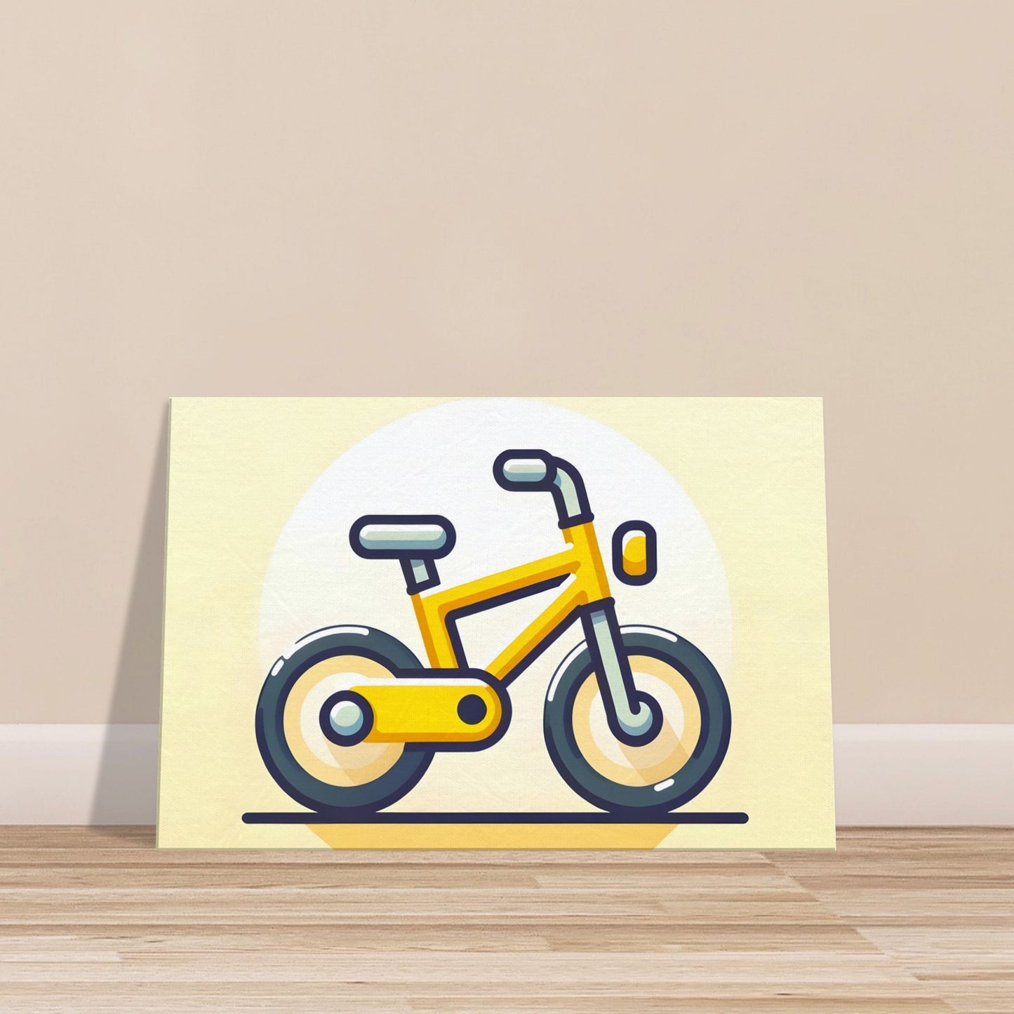 Cartoon-style yellow bicycle with large eyes on a light yellow to white gradient background.