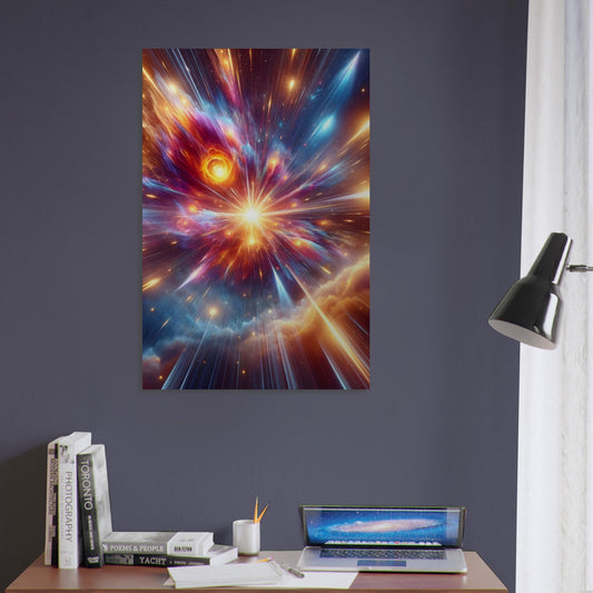 Metal poster of a vibrant supernova explosion with dazzling colors and energy bursts across deep space.