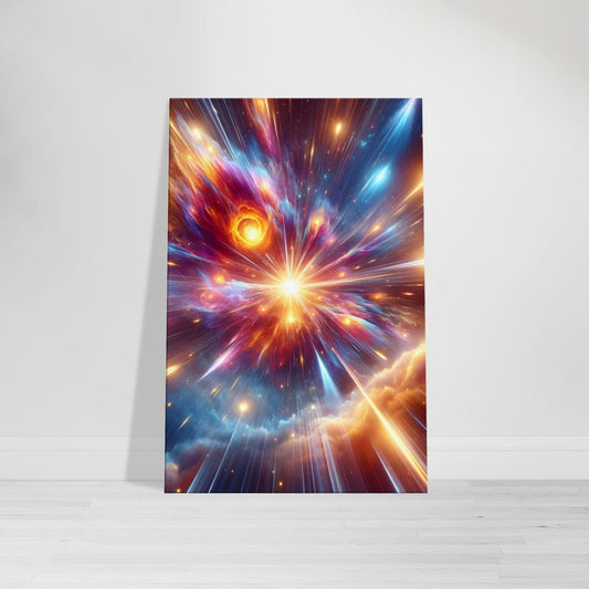 Canvas wall art of a supernova explosion with vivid bursts of red, blue, and gold across space.