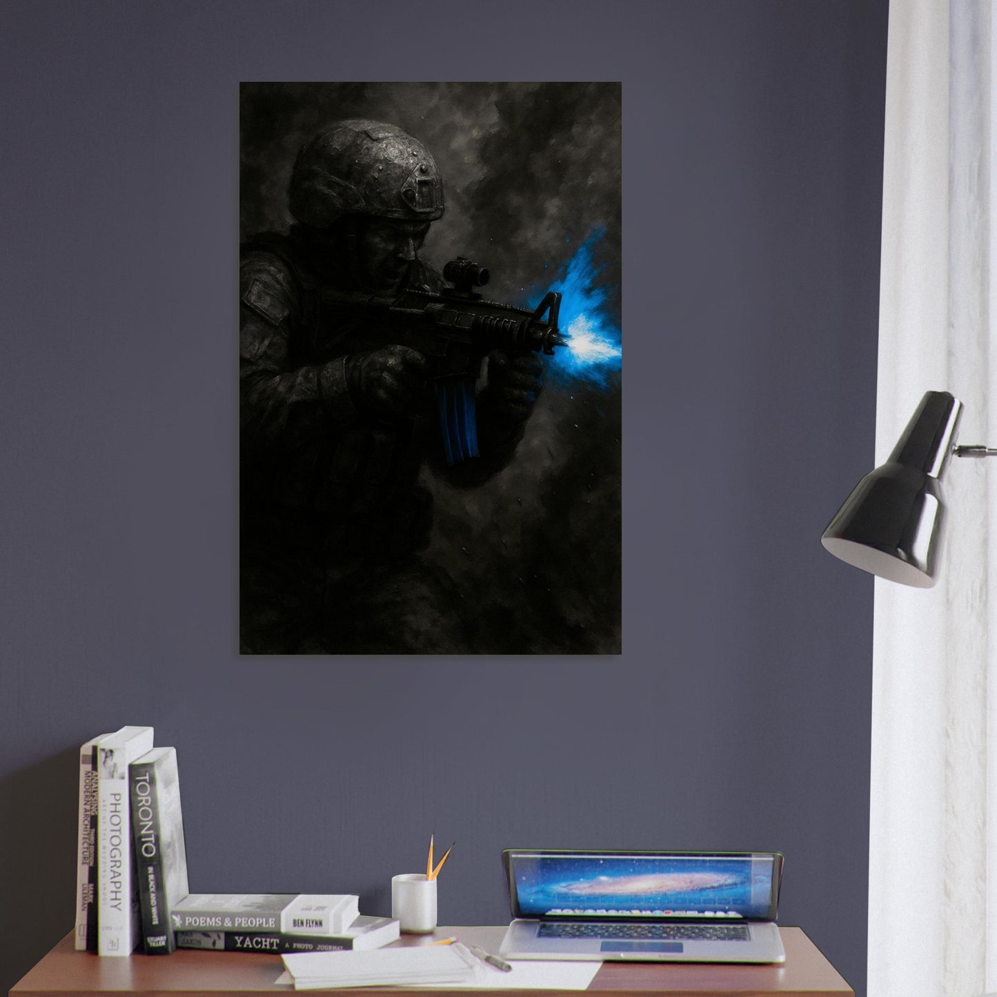 High-intensity military wall art of a soldier mid-gunfight with bold blue muzzle flash. A dramatic, action-driven piece from the Warfare Division series.