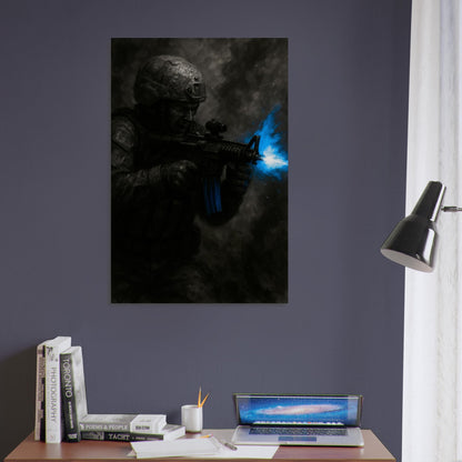 High-intensity military wall art of a soldier mid-gunfight with bold blue muzzle flash. A dramatic, action-driven piece from the Warfare Division series.