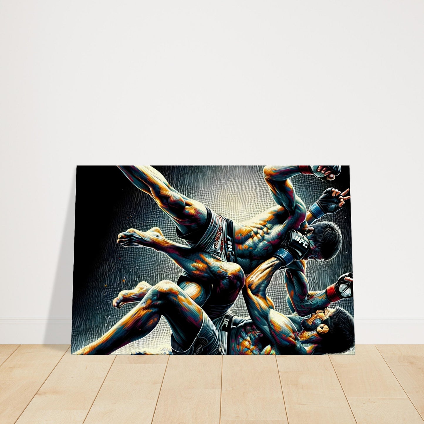 Two MMA fighters captured mid-takedown in a dramatic, high-impact scene with bold color and detailed motion.