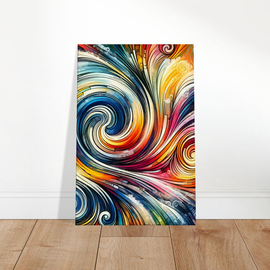Abstract canvas featuring swirling waves of vibrant colours with curved strokes and layered hues evoking ocean movement.