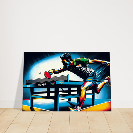 Canvas artwork of a table tennis player mid-strike with vivid lighting and dynamic shadows, showing focus and fast-paced motion.