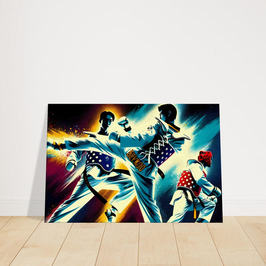 Canvas artwork of two Tae Kwon Do martial artists sparring in uniform, showing dynamic movement and intense contrast.