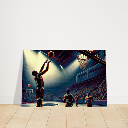 Basketball player in mid-motion releasing a shot toward the hoop, with defenders watching and dramatic light highlighting the scene.