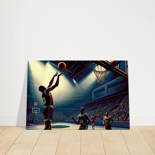 Basketball player in mid-motion releasing a shot toward the hoop, with defenders watching and dramatic light highlighting the scene.