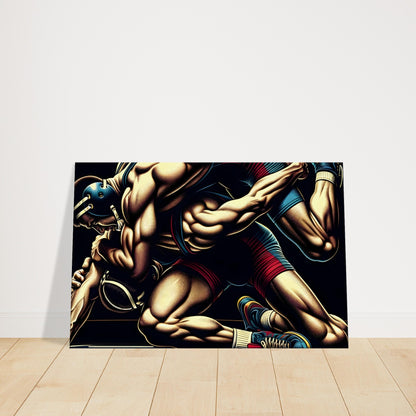 Two wrestlers in close contact as one takes back control, with dramatic lighting and detailed musculature highlighting technique.