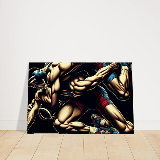 Two wrestlers in close contact as one takes back control, with dramatic lighting and detailed musculature highlighting technique.