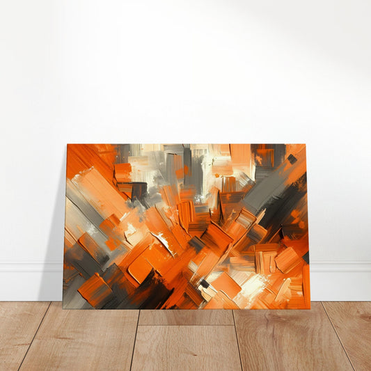 Abstract canvas with layered tangerine and burnt orange brushstrokes, creating textured movement and warmth.