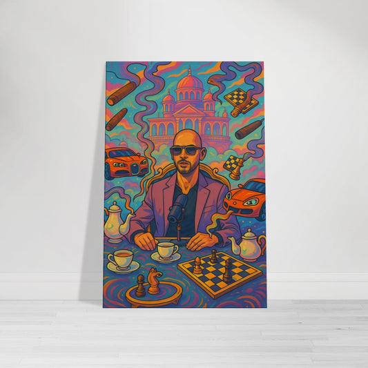 Cartoon of Andrew Tate at a surreal tea party with talking Bugattis, floating cigars, and chessboards levitating mid-game in a psychedelic space.
