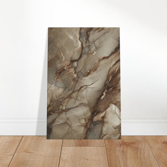 Taupe marble wall art with espresso veining and bronze flecks, finished with a polished surface for a warm, elegant look.