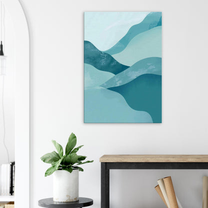 Landscape canvas with horizontal abstract layers of teal, seafoam green, and soft aqua forming water-inspired textures.