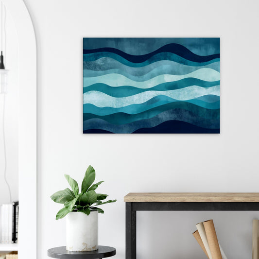 Landscape canvas with horizontal abstract layers of teal, aquamarine, and pale blue forming ocean-inspired textures.